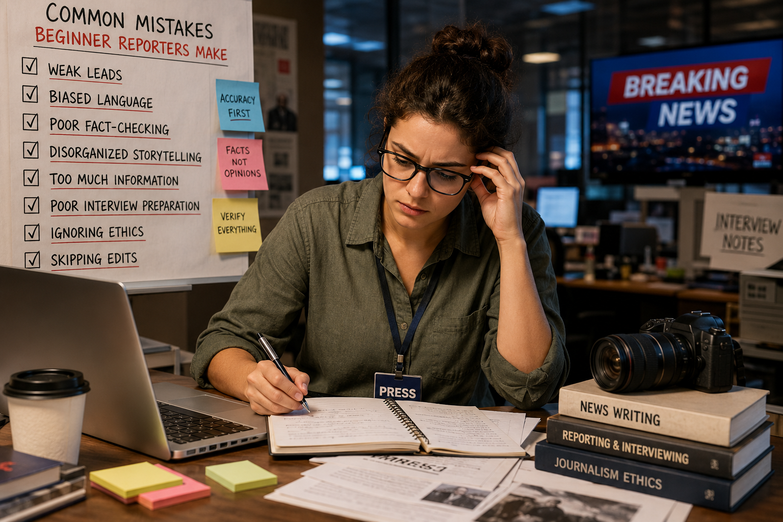 A beginner reporter writing a news story while reviewing interview notes and editing content in a newsroom environment.