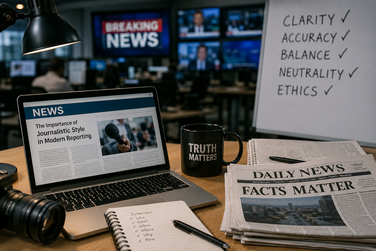 Journalistic style: Professional journalist writing a news report on a laptop in a modern newsroom environment with digital media screens in the background.