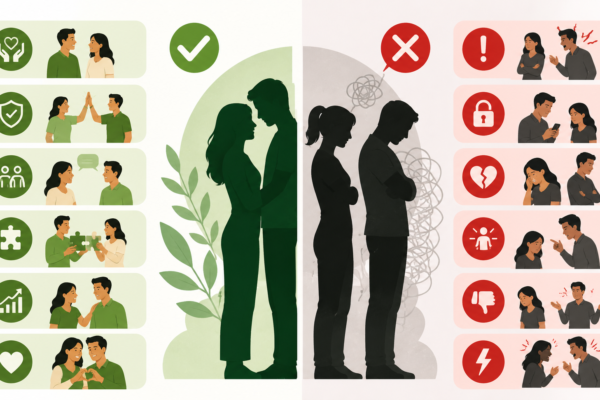 A split-screen infographic showing a comparison between two types of romantic relationships.