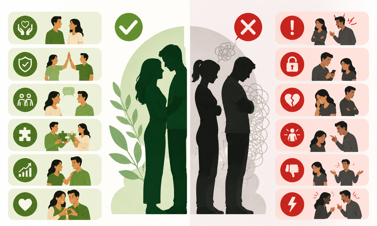 A split-screen infographic showing a comparison between two types of romantic relationships.