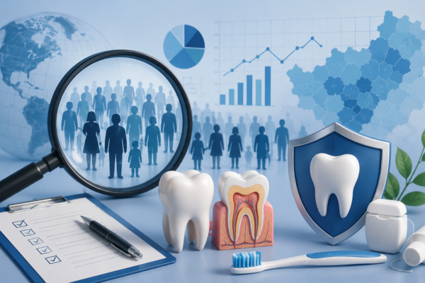 A modern blue-toned medical illustration showing the concept of public health epidemiology in dentistry.