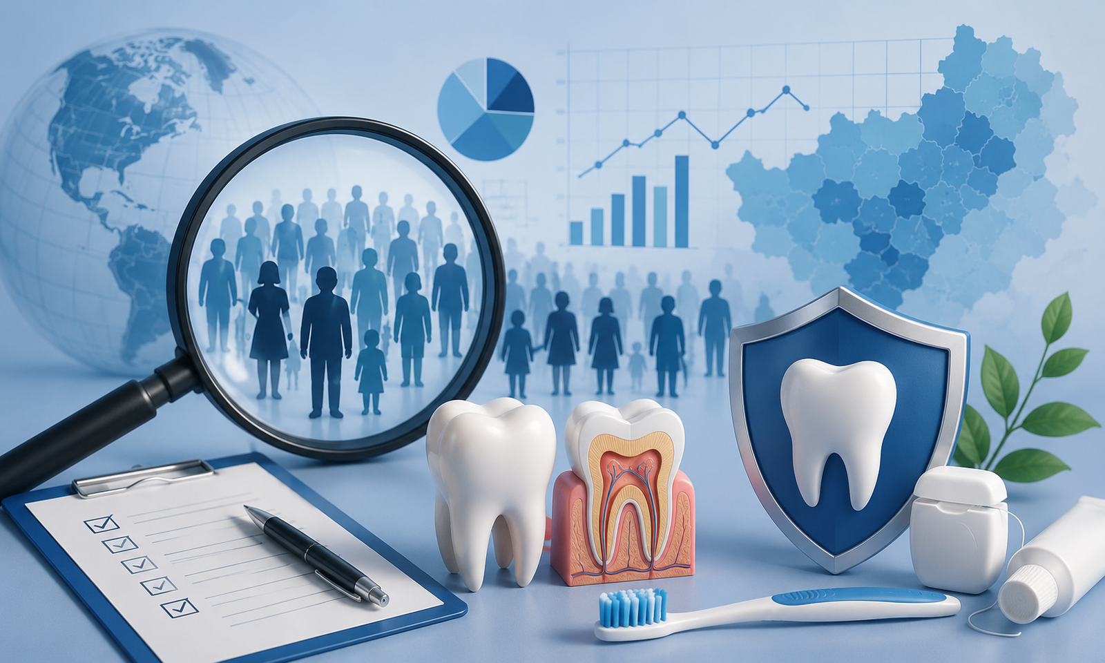 A modern blue-toned medical illustration showing the concept of public health epidemiology in dentistry.