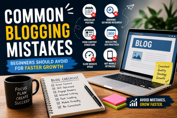 Featured blog banner illustrating common blogging mistakes beginners should avoid, showing a workspace with a laptop displaying a blog page, a checklist notebook, and visual icons