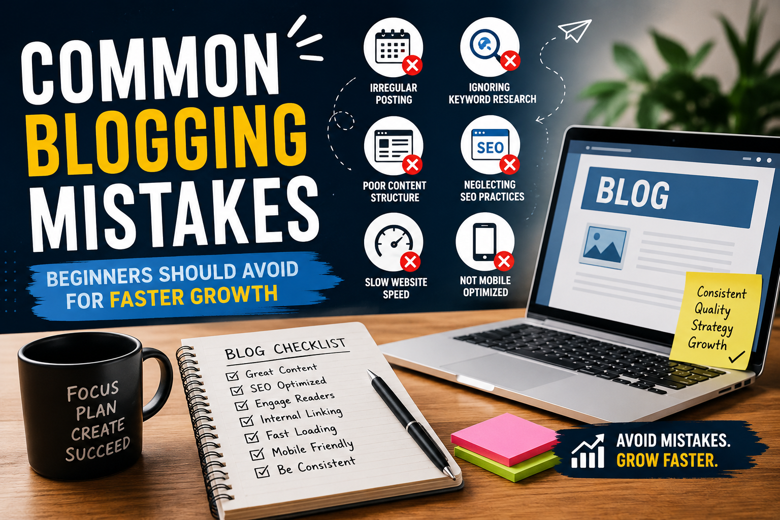 Featured blog banner illustrating common blogging mistakes beginners should avoid, showing a workspace with a laptop displaying a blog page, a checklist notebook, and visual icons