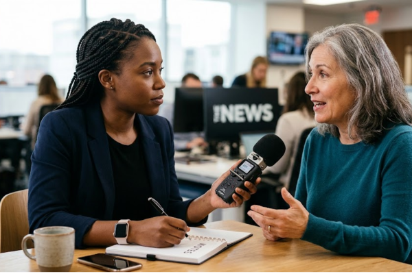 A close-up, split-focus shot featuring a journalist holding a digital audio recorder or a sleek notebook, actively engaged with a subject showing interviewing skills