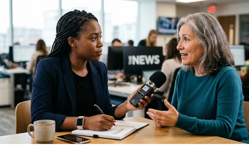 A close-up, split-focus shot featuring a journalist holding a digital audio recorder or a sleek notebook, actively engaged with a subject showing interviewing skills