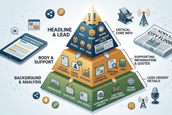 An instructional isometric infographic illustrating the inverted pyramid structure of a news story.