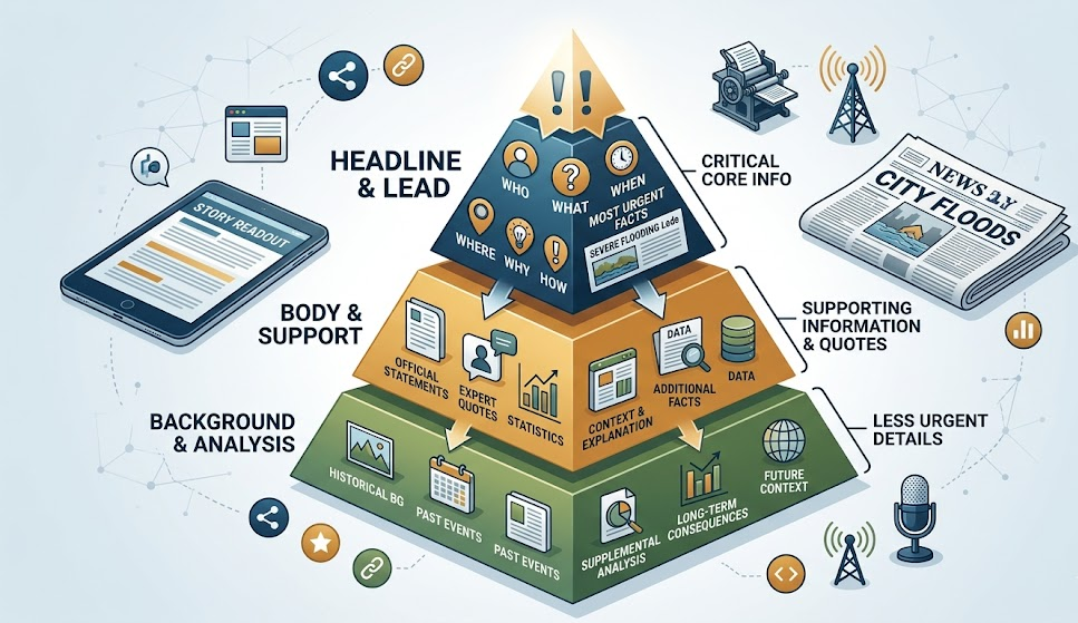 An instructional isometric infographic illustrating the inverted pyramid structure of a news story.