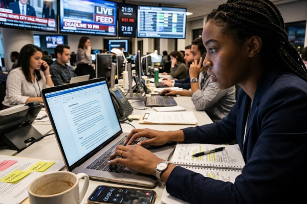 A young Black female journalist focuses intensely while typing on a laptop at a long desk in a busy newsroom under tight deadlines. A notebook with handwritten news story sits beside her computer, and large television screens displaying live news feeds fill the background.