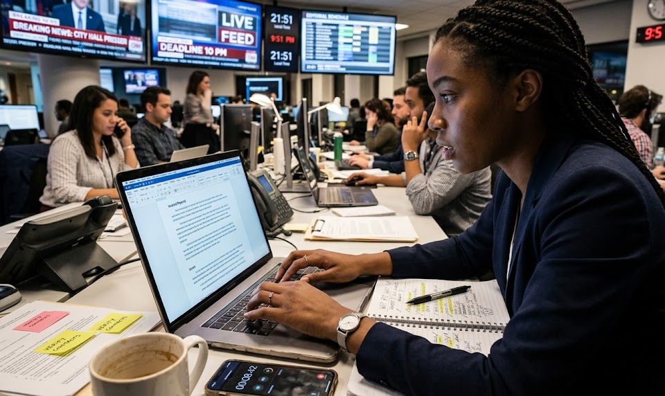 A young Black female journalist focuses intensely while typing on a laptop at a long desk in a busy newsroom under tight deadlines. A notebook with handwritten news story sits beside her computer, and large television screens displaying live news feeds fill the background.