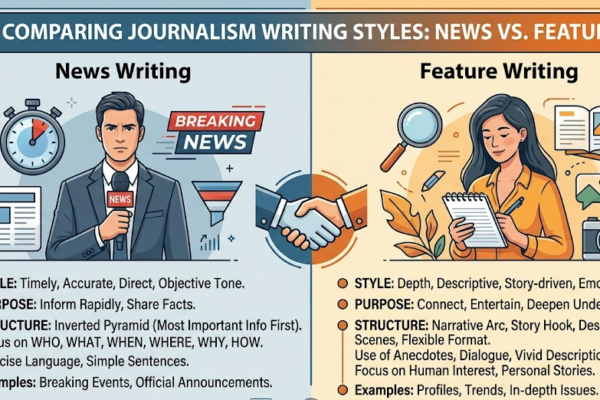 An infographic titled 'Comparing Journalism Writing Styles: News vs. Feature writing' compares two distinct approaches to journalism using illustrated characters and bullet points.