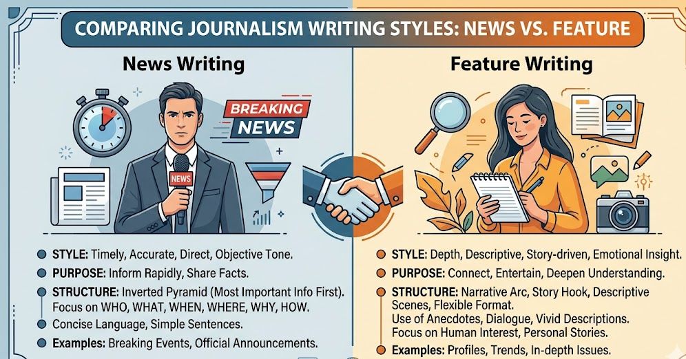 An infographic titled 'Comparing Journalism Writing Styles: News vs. Feature writing' compares two distinct approaches to journalism using illustrated characters and bullet points.