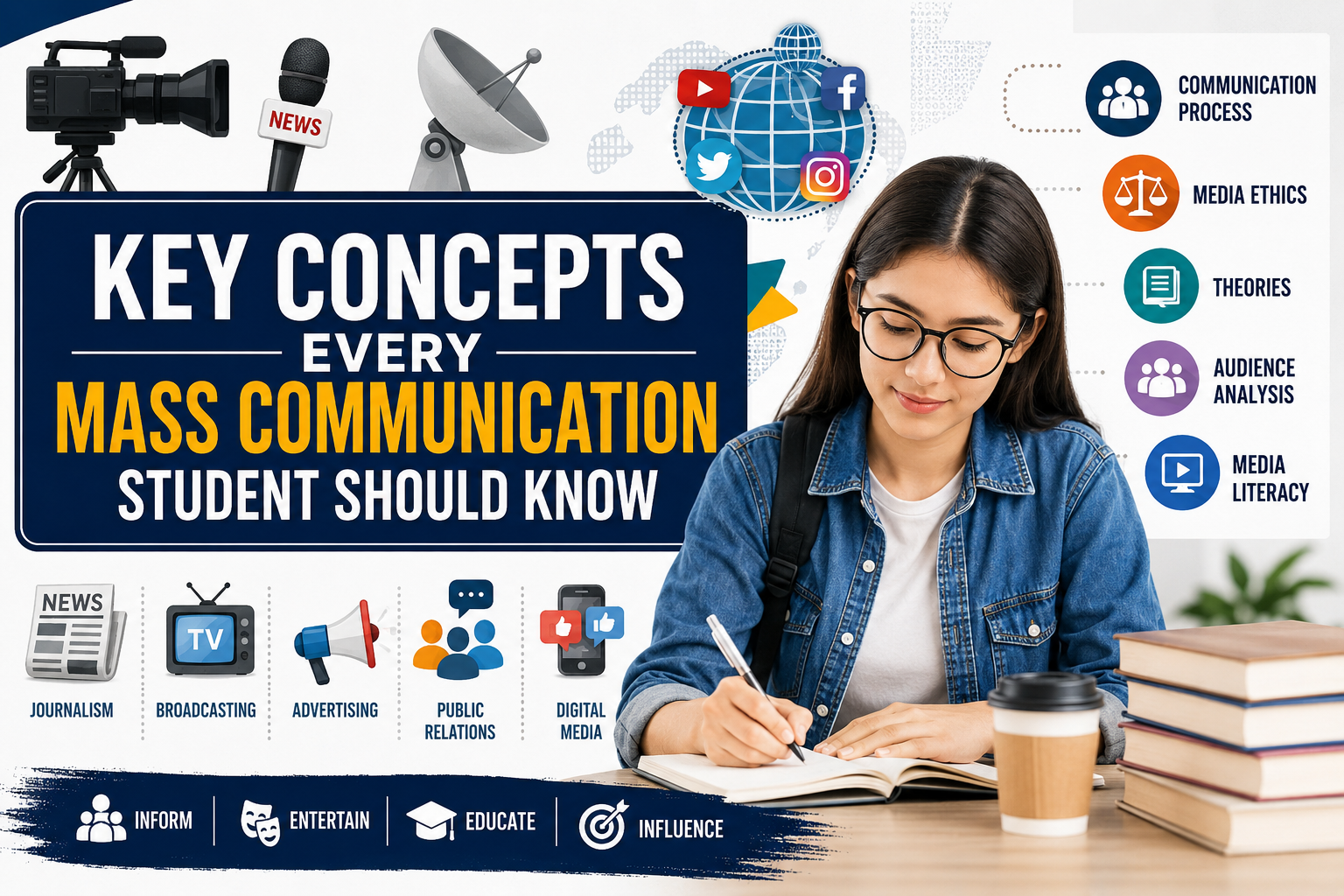 Student learning key concepts of mass communication including media ethics, communication theories, journalism, broadcasting, and digital media.