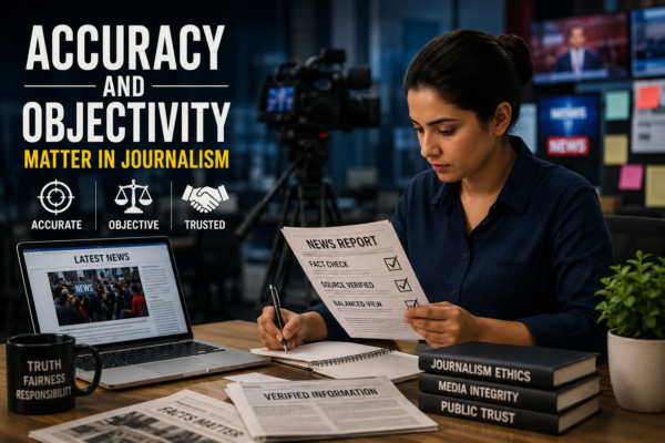 A journalist reviewing facts and documents showing accuracy and objectivity in journalism while writing a news report in a modern newsroom.
