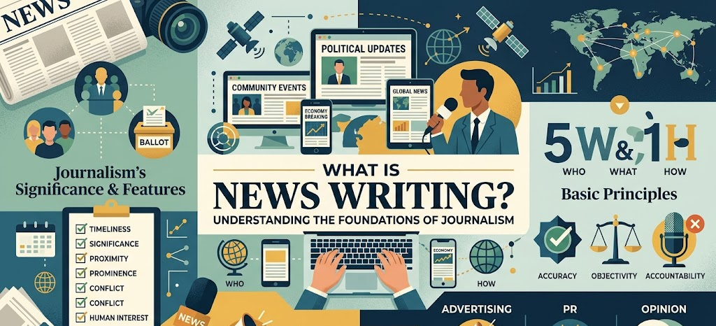 A comprehensive infographic titled What Is News Writing featuring sections on the 5 Ws and 1 H, basic principles like accuracy and objectivity, and a comparison of journalism versus advertising and PR.