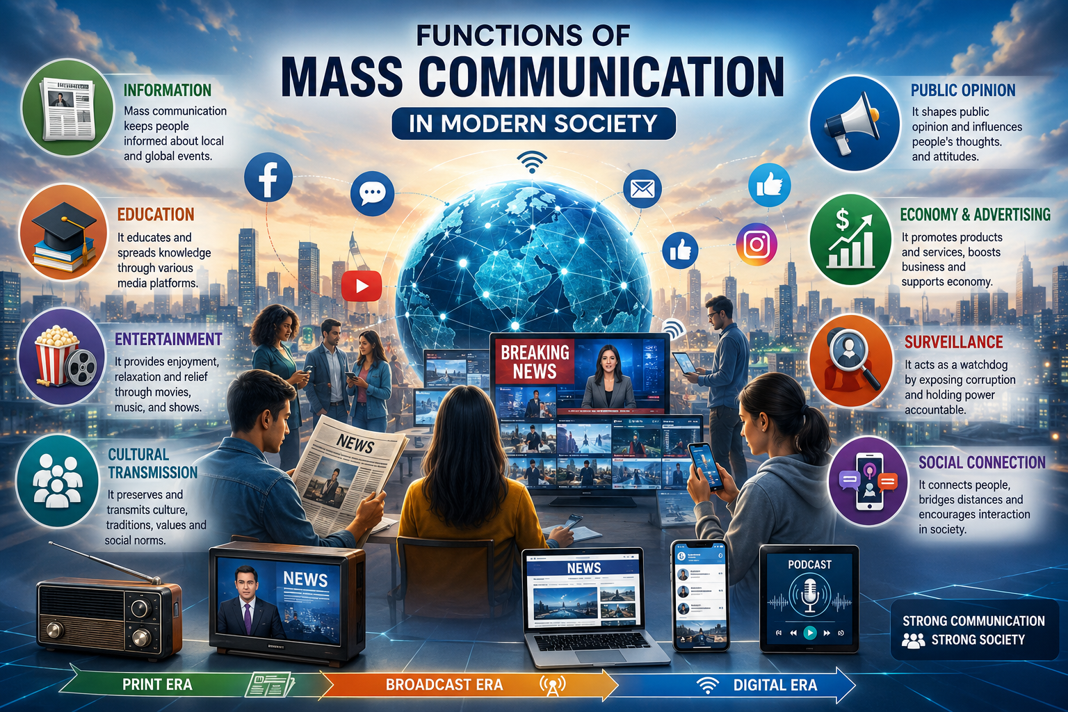 Functions of mass communication in modern society showing education, information, entertainment, and digital media communication
