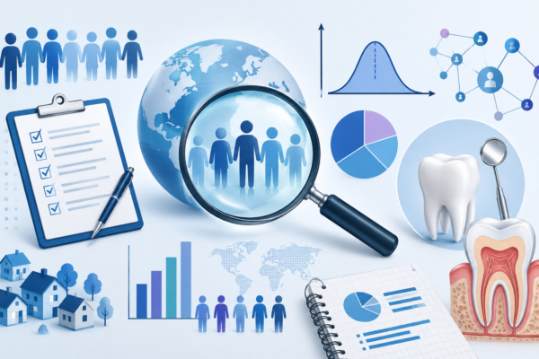 A clean, modern epidemiology-themed illustration featuring a globe with a magnifying glass highlighting a population group, surrounded by charts, survey forms, community icons, and oral health symbols including teeth and dental instruments, all in soft blue medical tones.