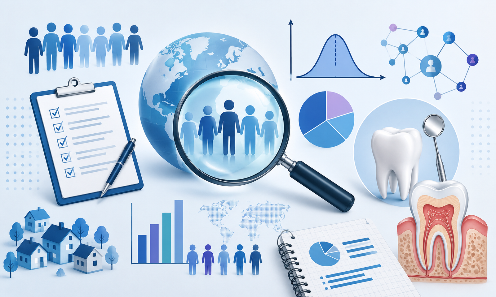 A clean, modern epidemiology-themed illustration featuring a globe with a magnifying glass highlighting a population group, surrounded by charts, survey forms, community icons, and oral health symbols including teeth and dental instruments, all in soft blue medical tones.