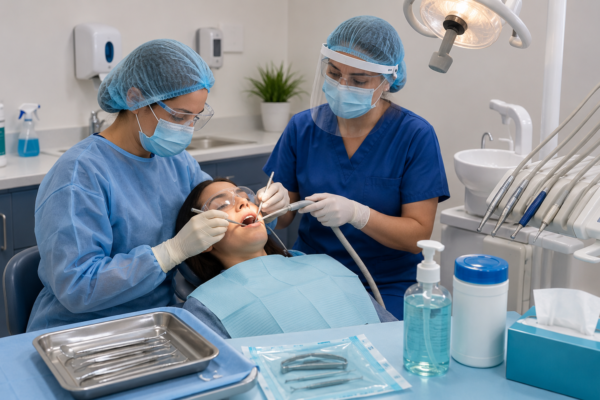 A modern dental clinic where two dental professionals wearing full personal protective equipment (PPE) perform an operative dentistry procedure on a patient.