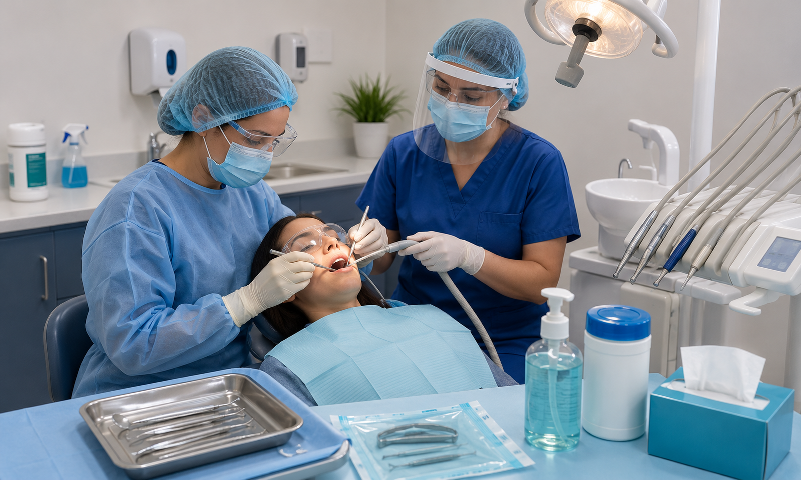 A modern dental clinic where two dental professionals wearing full personal protective equipment (PPE) perform an operative dentistry procedure on a patient.