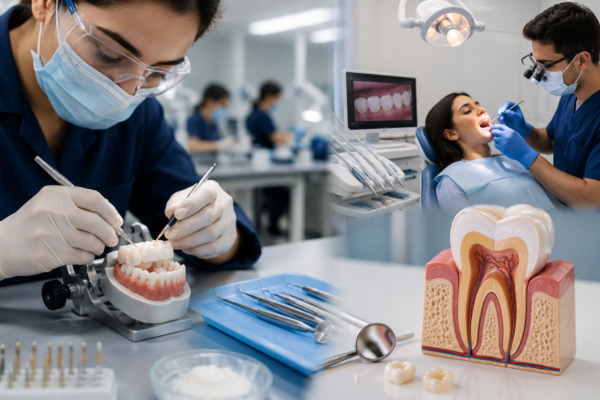 a student practicing restorative dentistry on a dental model with precision instruments in a training lab