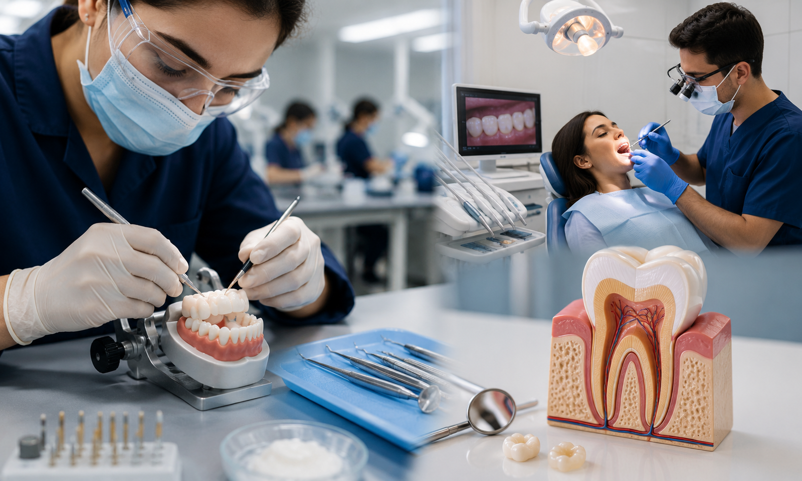 a student practicing restorative dentistry on a dental model with precision instruments in a training lab