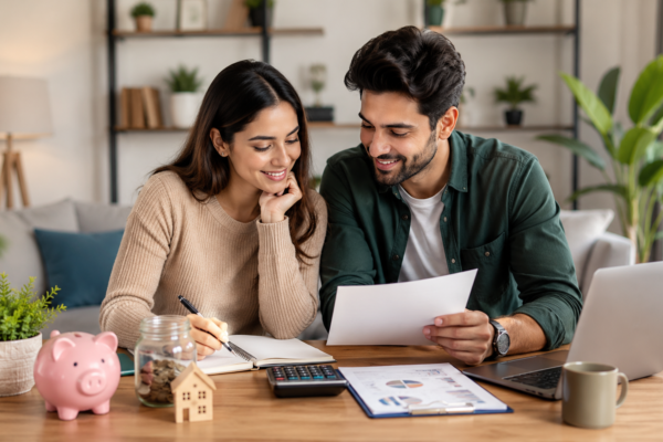 A young couple sitting together at a wooden table in a modern, cozy living room, reviewing financial documents and a printed chart while smiling and collaborating.