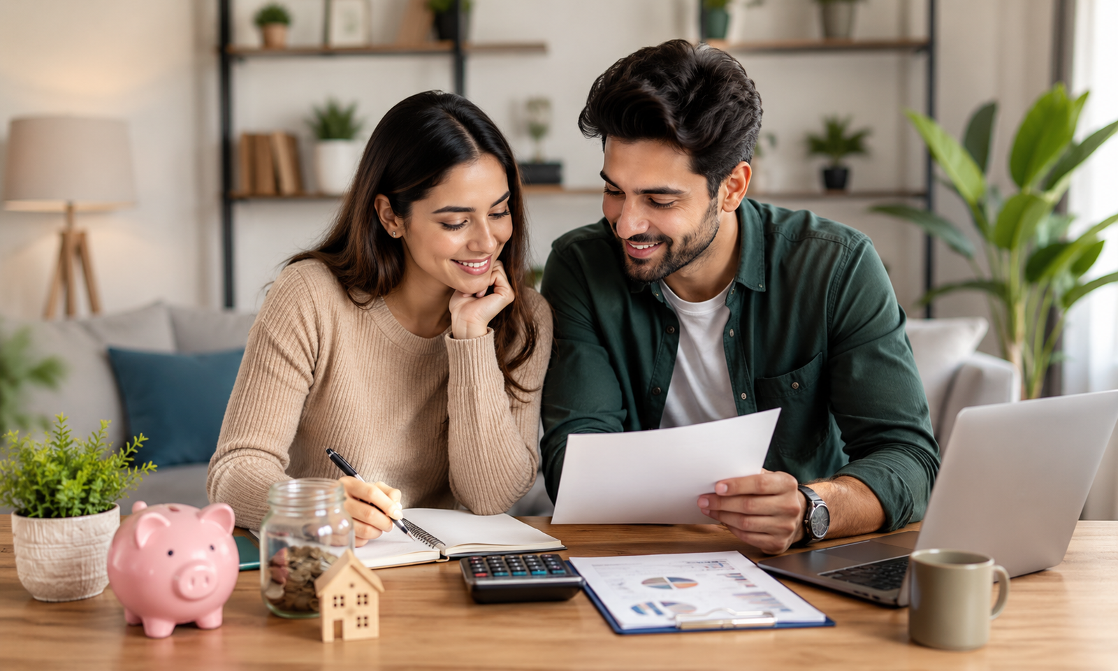 A young couple sitting together at a wooden table in a modern, cozy living room, reviewing financial documents and a printed chart while smiling and collaborating.
