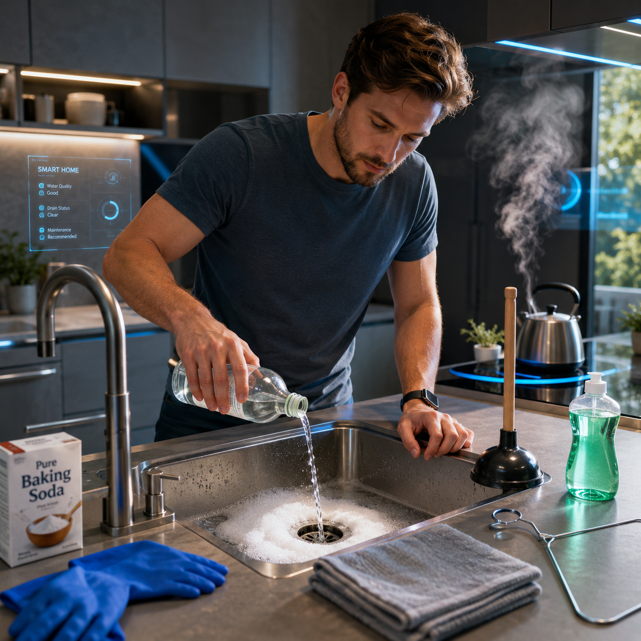 Person unclogging a modern kitchen sink using baking soda and vinegar in a stylish futuristic home kitchen