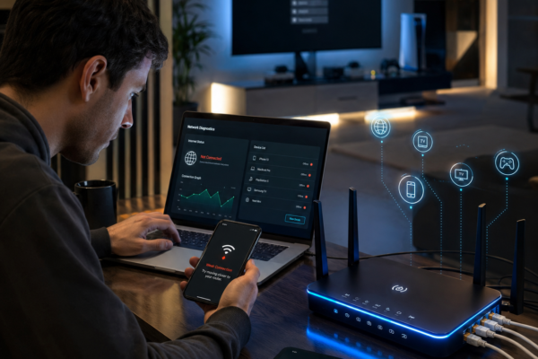 Person troubleshooting common networking issues on a futuristic home Wi-Fi setup with glowing router indicators and multiple connected devices.