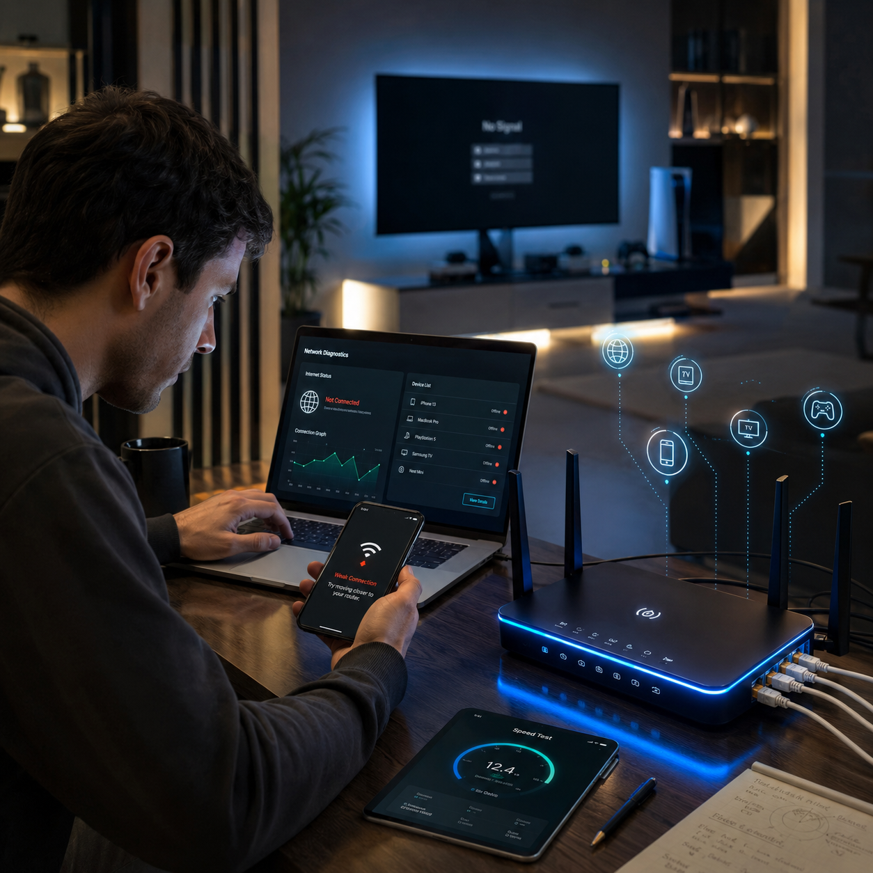 Person troubleshooting common networking issues on a futuristic home Wi-Fi setup with glowing router indicators and multiple connected devices.