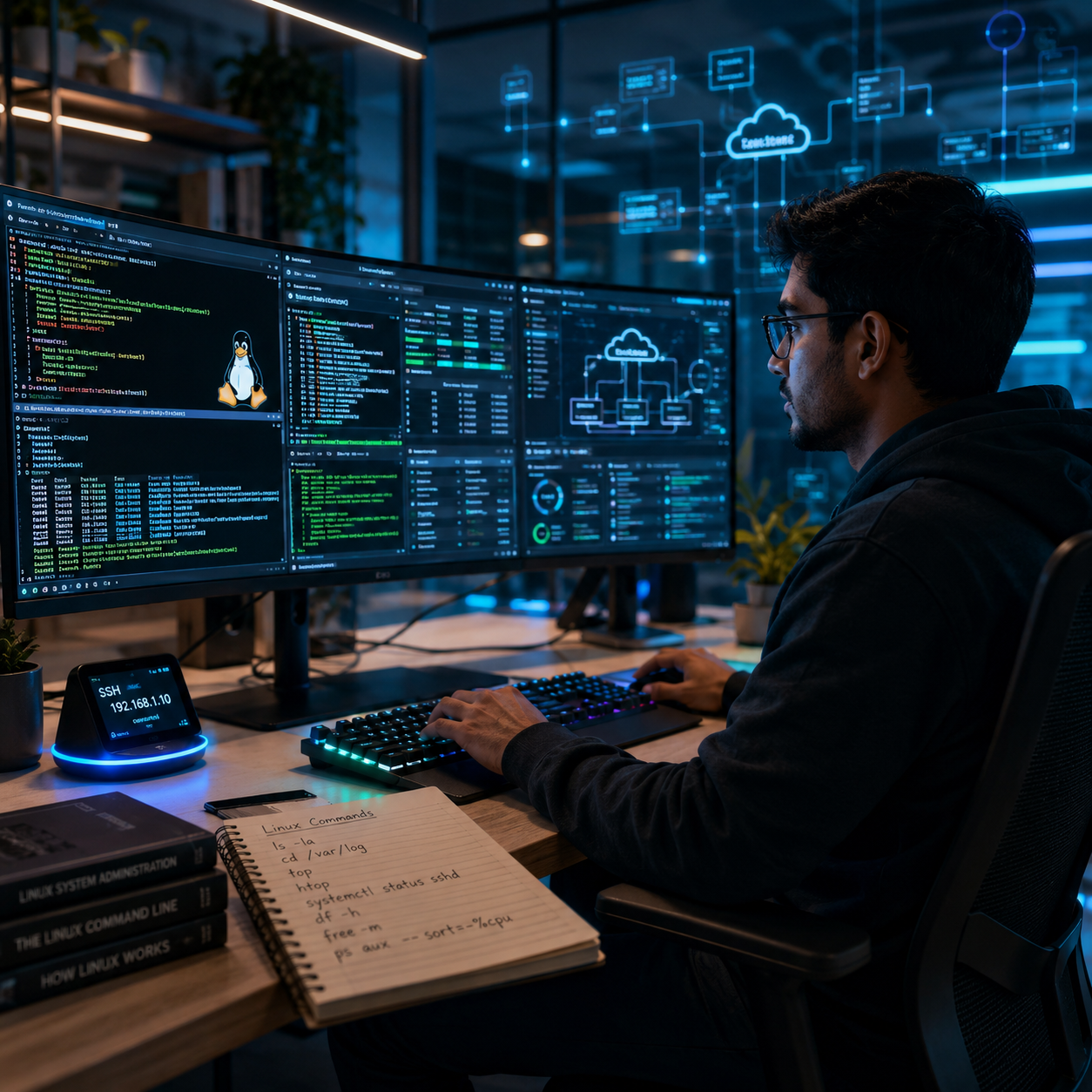 Beginner Linux administrator working on futuristic server dashboard in modern workspace