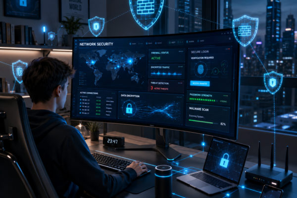 Futuristic home office showing network security protection with holographic firewall shields and encrypted data streams