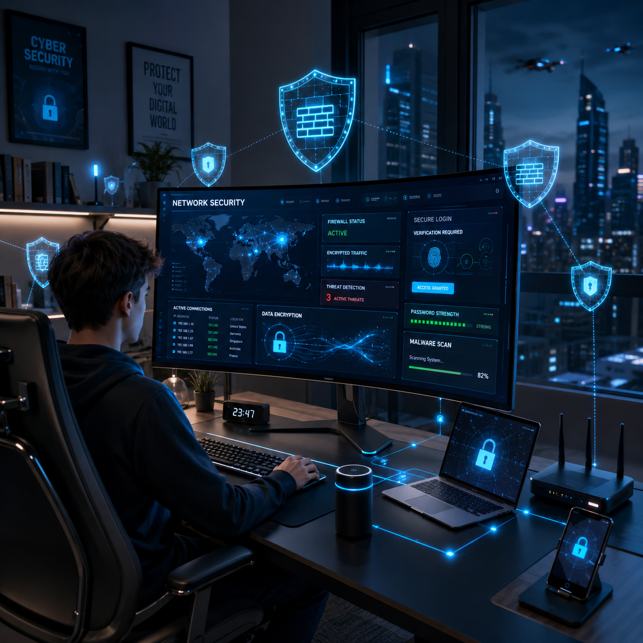 Futuristic home office showing network security protection with holographic firewall shields and encrypted data streams