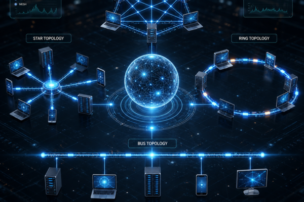 High-tech visualization of network topologies showing star, bus, ring, and mesh connections between devices in a futuristic digital environment