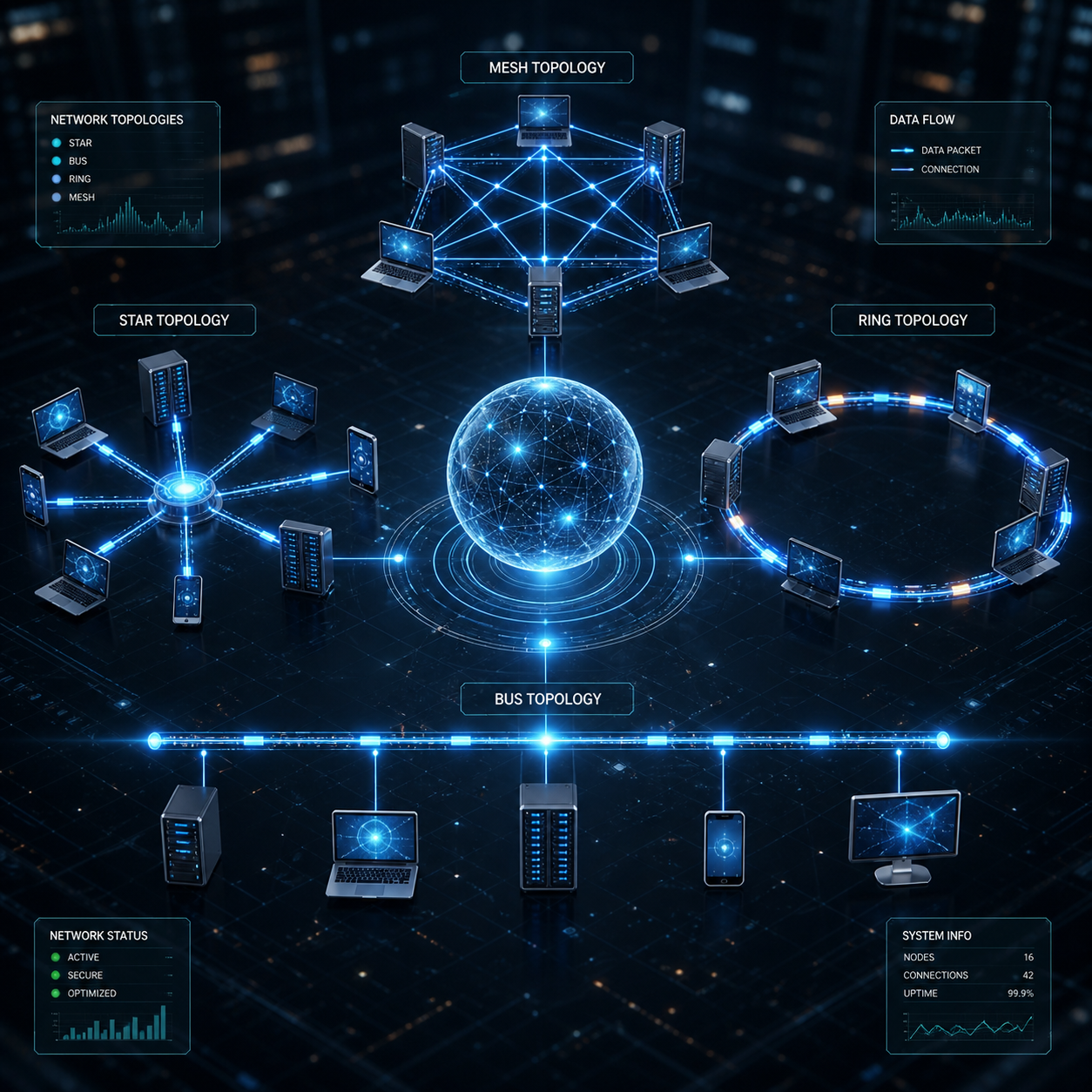 High-tech visualization of network topologies showing star, bus, ring, and mesh connections between devices in a futuristic digital environment