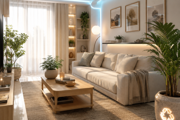 Modern budget interior decoration living room with soft lighting, plants, and minimalist furniture with subtle futuristic accents