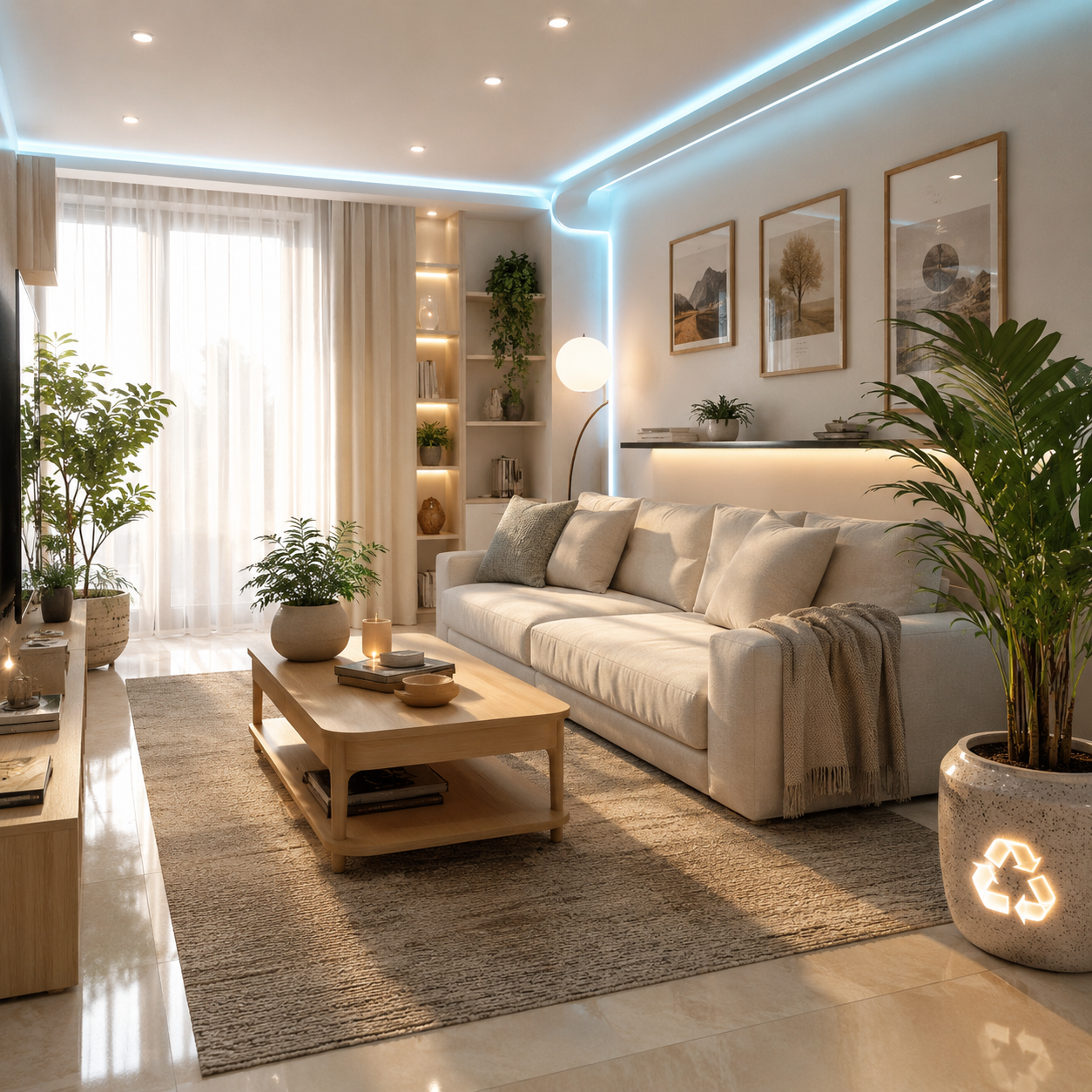 Modern budget interior decoration living room with soft lighting, plants, and minimalist furniture with subtle futuristic accents