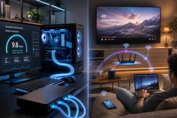 Comparison of wired Ethernet and wireless Wi-Fi networking in a modern home and office hybrid environment
