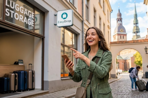 Traveler enjoying Riga travel freely after storing luggage securely with EasyDrop suitcase storage service in Riga Old Town.