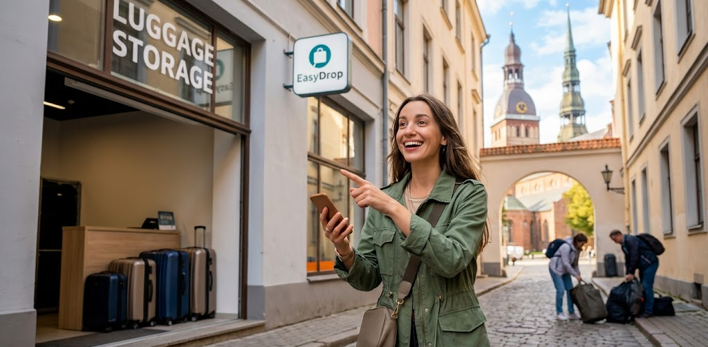 Traveler enjoying Riga travel freely after storing luggage securely with EasyDrop suitcase storage service in Riga Old Town.
