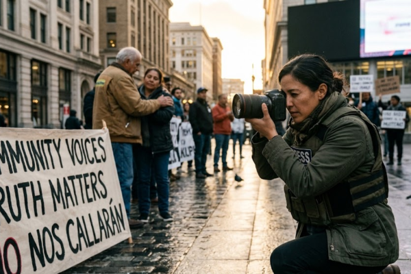 A female photojournalist kneeling on a city street, capturing a protest scene with a professional camera portraying photojournalism