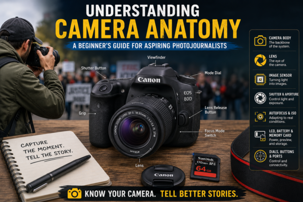 **Meta Title (under 50 characters):** Understanding Camera Anatomy for Beginners **Meta Description (under 140 characters):** Learn the essential parts of a camera and how camera anatomy helps beginner photojournalists capture powerful stories. **Tags (comma-separated):** camera anatomy, photojournalism, beginner photography, camera parts, photography basics, DSLR, mirrorless camera, image sensor, camera lens, visual storytelling **Alt Text for Featured Image:** Beginner photojournalist learning camera anatomy and essential camera parts for visual storytelling