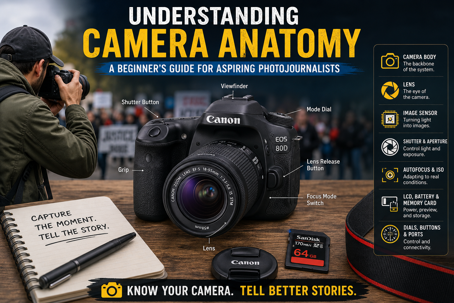 **Meta Title (under 50 characters):** Understanding Camera Anatomy for Beginners **Meta Description (under 140 characters):** Learn the essential parts of a camera and how camera anatomy helps beginner photojournalists capture powerful stories. **Tags (comma-separated):** camera anatomy, photojournalism, beginner photography, camera parts, photography basics, DSLR, mirrorless camera, image sensor, camera lens, visual storytelling **Alt Text for Featured Image:** Beginner photojournalist learning camera anatomy and essential camera parts for visual storytelling