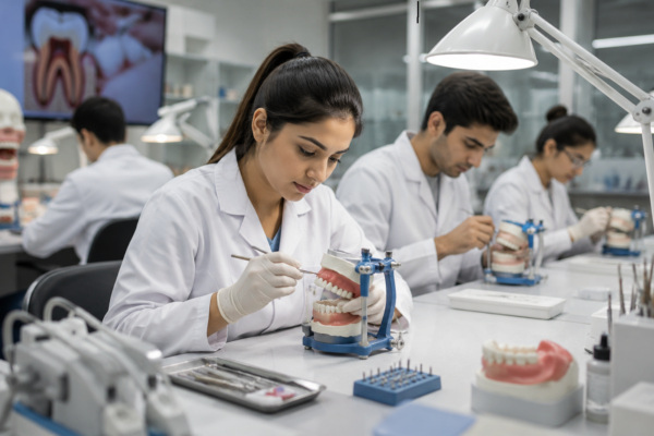 Dental classroom with focused students at work