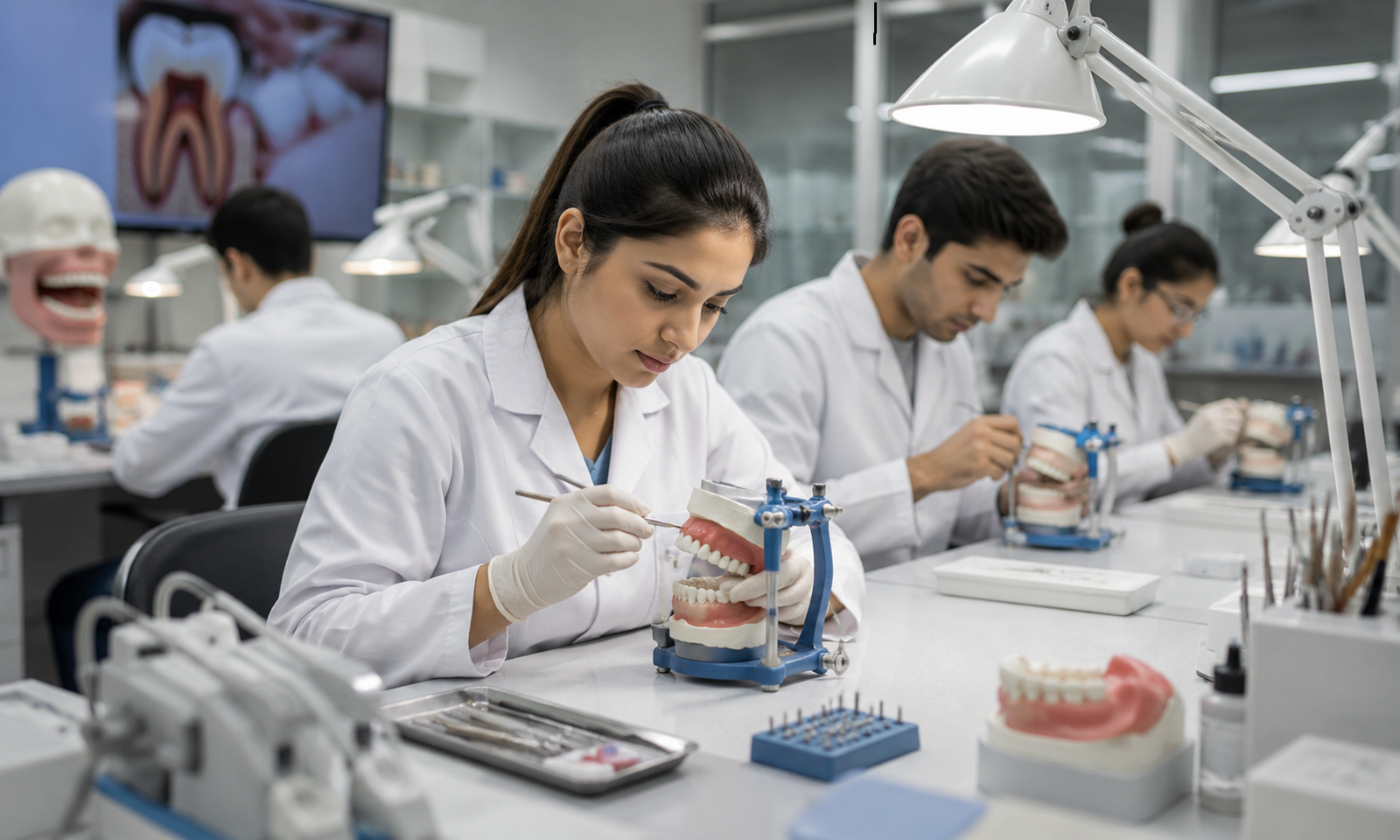 Dental classroom with focused students at work