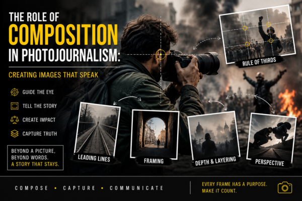 Photojournalist capturing a news scene, showing composition techniques like rule of thirds, framing, leading lines, and perspective in visual storytelling.