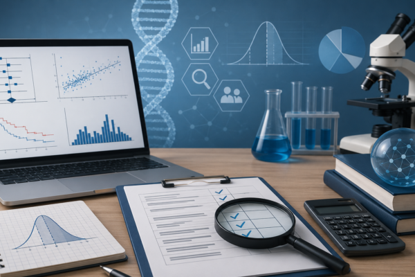 A modern scientific workspace illustrating biostatistical analysis