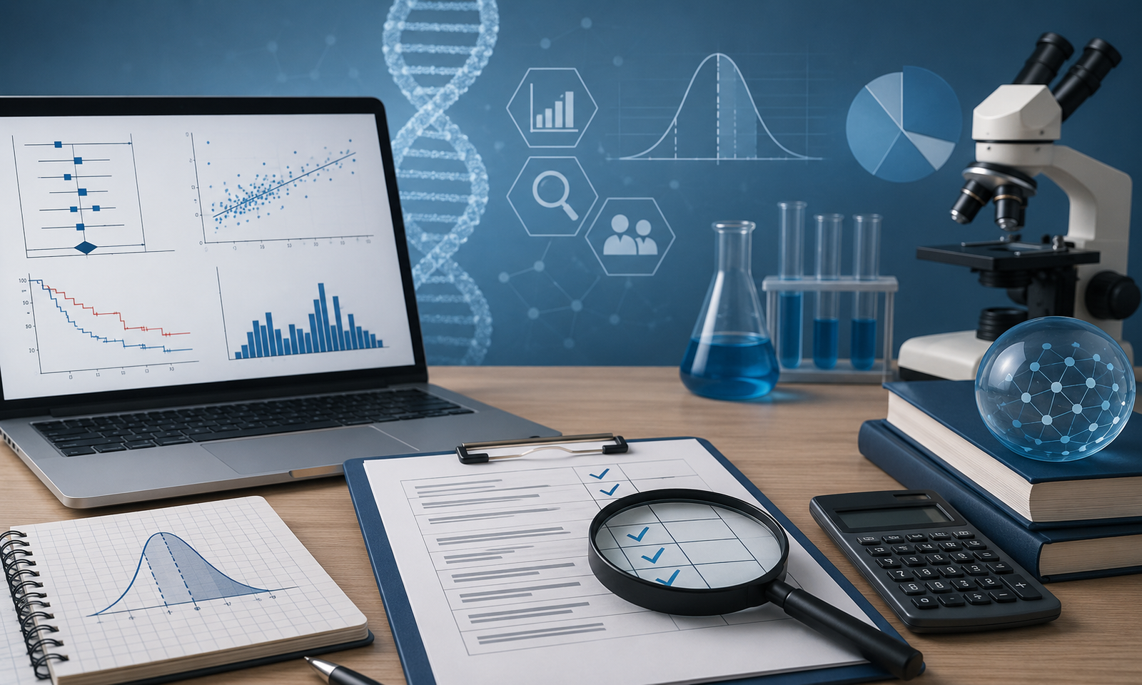 A modern scientific workspace illustrating biostatistical analysis