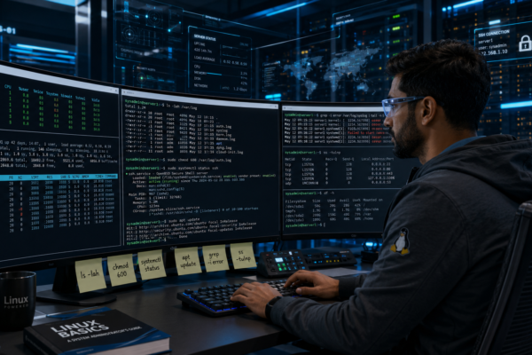 Linux system administrator using futuristic terminal commands in a modern server room